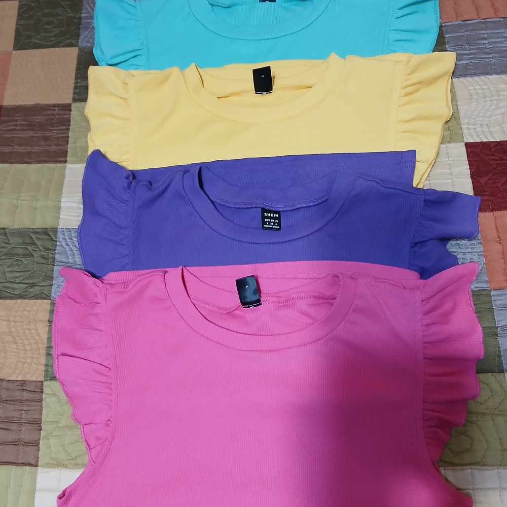 SHEIN Short Sleeve Ruffle Tops - Pink, Purple, Yellow, Blue